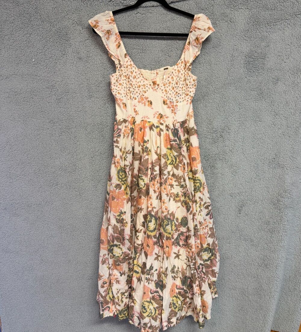 Free People Cream Floral Midi Dress with Peach and Olive Accents